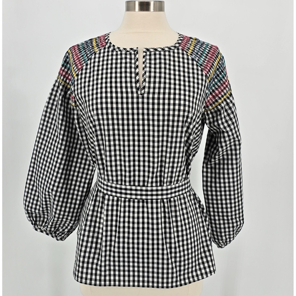 Madewell Top Women S Black Gingham Smocked Tie Waist Long Sleeve Peasant Blouse